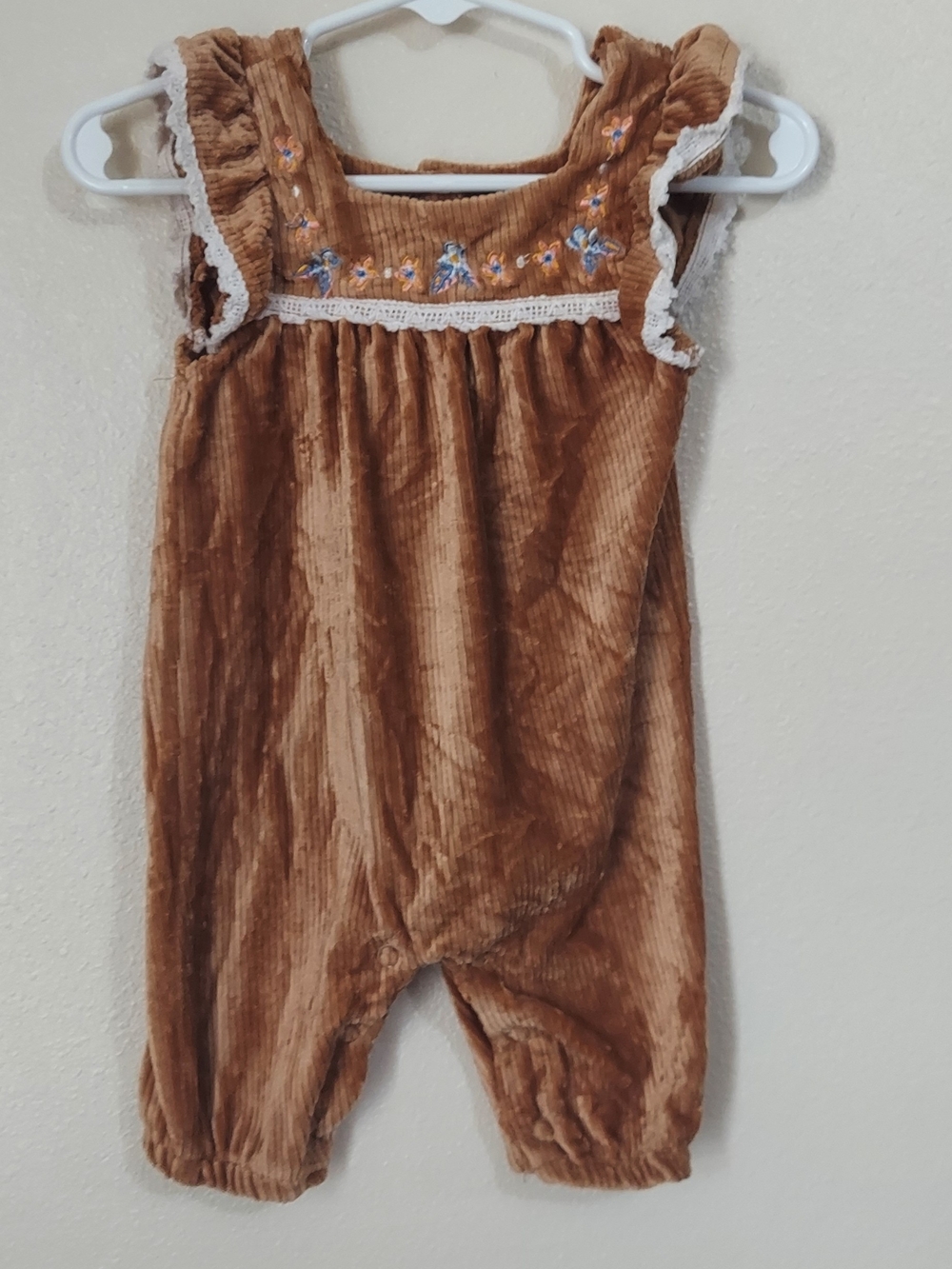 Daisy Fuentes Brown Corduroy Romper with Floral Embroidery